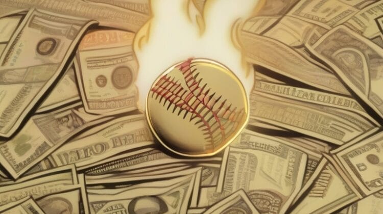 A baseball in the middle of a pile of MLB payrolls.