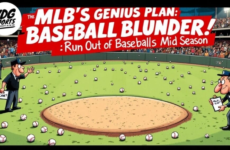 A cartoon baseball field is littered with baseballs. Two confused umpires stand apart; one holds a document labeled “PLAN?” Spectators fill the stands. Bold text reads, “MLB’s Genius Plan: Avoid Mistakes by Learning from This Baseball Blunder!”.