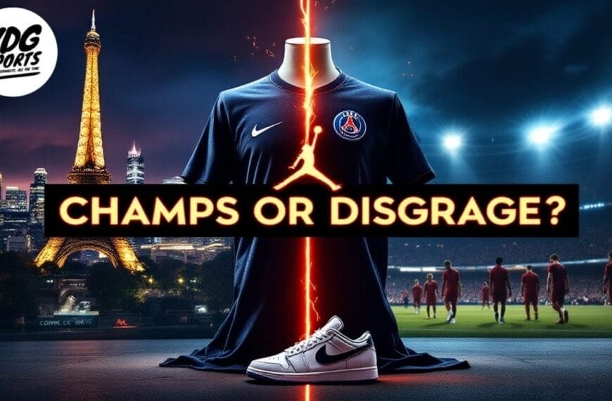 A split image with the Eiffel Tower on the left and a stadium on the right. In the center, a Paris Saint-Germain football shirt with the Jordan logo splits by a glowing line. Below is a Nike shoe. For festive fanatics—"CHAMPS OR DISGRACE?" overlays in bold text.