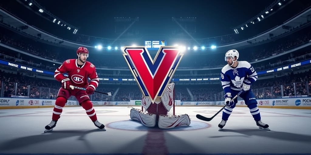 Two hockey players face off on an ice rink—one in a red Montreal Canadiens uniform, the other in blue for Toronto Maple Leafs. A large "V" separates them, with a goal and cheering fans behind: it’s the exciting lineup for VDG Sports.
