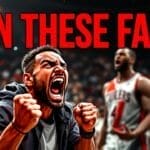 A man in the foreground with clenched fists and an open mouth appears to be shouting. Behind him are three men in basketball attire. As tensions rise, "BAN THESE FANS!" is prominently displayed at the top, suggesting the NBA could alter the actions of unruly spectators.