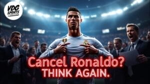 Cristiano Ronaldo stands confidently on the field, surrounded by cheering fans. Wearing a white jersey with a gold emblem, the image boldly states "Cancel Ronaldo? THINK AGAIN." The VDG Sports logo graces the top left corner, challenging any agenda against Ronaldo.