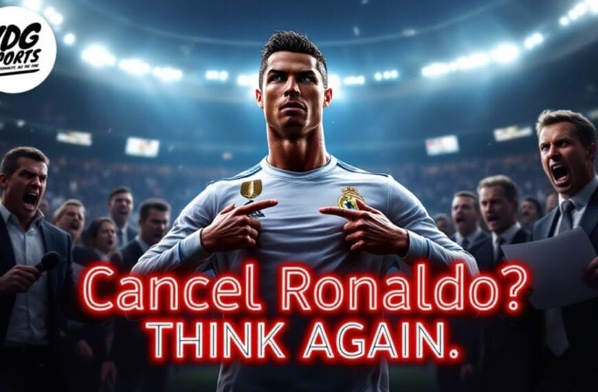 Cristiano Ronaldo stands confidently on the field, surrounded by cheering fans. Wearing a white jersey with a gold emblem, the image boldly states "Cancel Ronaldo? THINK AGAIN." The VDG Sports logo graces the top left corner, challenging any agenda against Ronaldo.