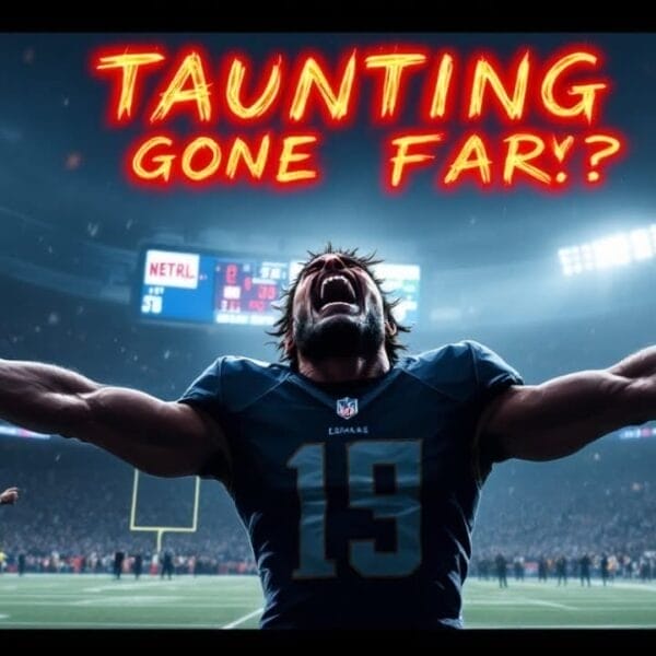 A football player wearing jersey number 19 stands with arms outstretched in a stadium, a nod to the NFL taunting rule. The words "Taunting Gone Far?" are prominently displayed above. Two referees and a large crowd linger in the background, capturing the moment's intensity.