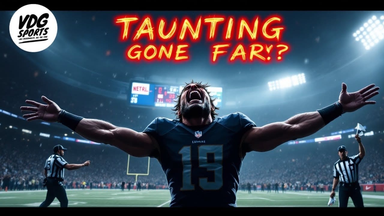 A football player wearing jersey number 19 stands with arms outstretched in a stadium, a nod to the NFL taunting rule. The words "Taunting Gone Far?" are prominently displayed above. Two referees and a large crowd linger in the background, capturing the moment's intensity.
