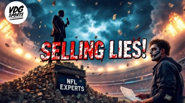 In a dramatic stadium scene, a man perched atop money labeled "NFL Experts" addresses the crowd. The phrase "Selling Lies!" stands out as money rains down. Another figure with face paint reads a paper, while the VDG Sports logo sits in the corner. The NFL spectacle unfolds amidst chaos.