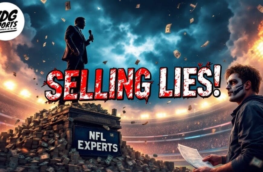 In a dramatic stadium scene, a man perched atop money labeled "NFL Experts" addresses the crowd. The phrase "Selling Lies!" stands out as money rains down. Another figure with face paint reads a paper, while the VDG Sports logo sits in the corner. The NFL spectacle unfolds amidst chaos.