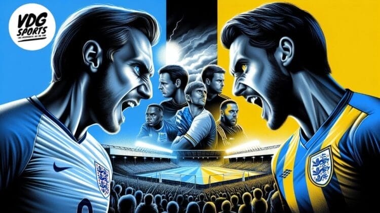 Illustration of two opposing soccer players facing each other aggressively in blue and yellow MLS team jerseys. A crowd of passionate MLS fans fills the stadium below. The stormy sky above and additional figures between the players symbolize intensity, making it a must-watch moment.