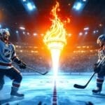 Two NHL hockey players face off in the arena, one gripping a glowing puck while the other stands poised with a stick. Between them, a large flame blazes. The air is charged with tension amidst spotlights and a roaring crowd—truly the best choice for hockey excitement.