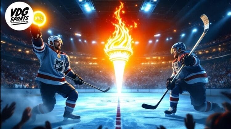 Two NHL hockey players face off in the arena, one gripping a glowing puck while the other stands poised with a stick. Between them, a large flame blazes. The air is charged with tension amidst spotlights and a roaring crowd—truly the best choice for hockey excitement.