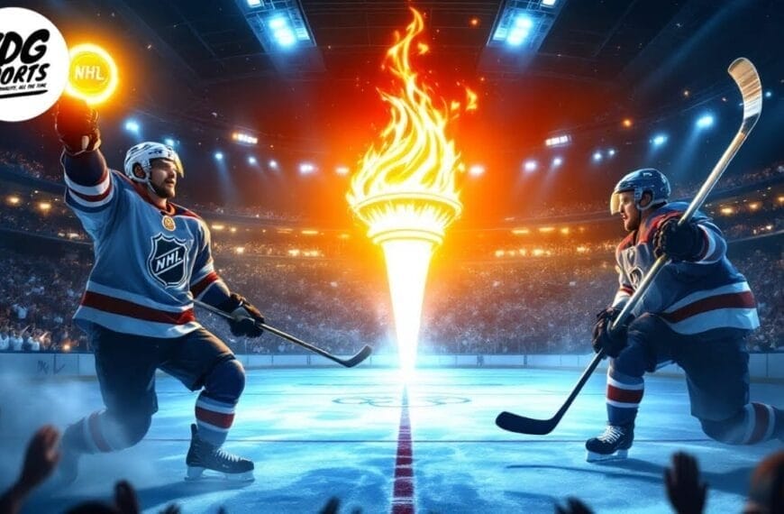 Two NHL hockey players face off in the arena, one gripping a glowing puck while the other stands poised with a stick. Between them, a large flame blazes. The air is charged with tension amidst spotlights and a roaring crowd—truly the best choice for hockey excitement.