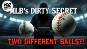 Image of a hooded figure holding a tablet, surrounded by two baseballs. The text reads “MLB’s Dirty Secret” at the top and “Two Different Balls?!” at the bottom. A dimly lit stadium looms behind, hinting no one cares about MLB's mysteries anymore.