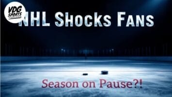 Text on an ice rink background reads: "NHL Takes Massive Risk" in large letters and "Season on Pause?!" below. The logo in the top left corner says "VDG Sports." A hockey puck is visible on the ice in the foreground.