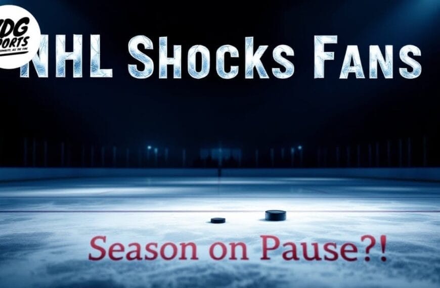 Text on an ice rink background reads: "NHL Takes Massive Risk" in large letters and "Season on Pause?!" below. The logo in the top left corner says "VDG Sports." A hockey puck is visible on the ice in the foreground.