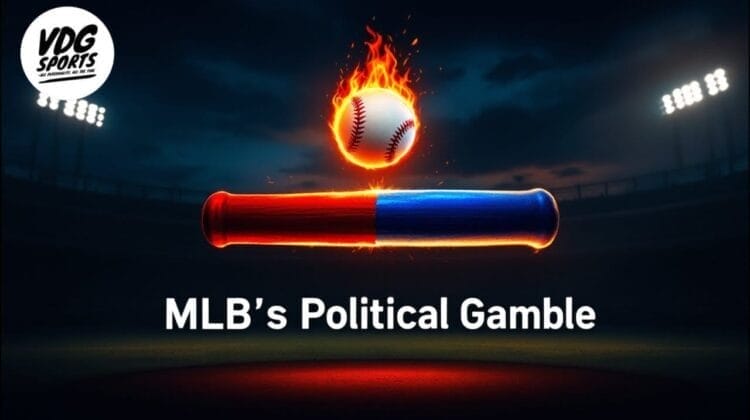 A baseball and a bat are digitally rendered against a dark stadium backdrop. The flaming baseball and the red-and-blue bat highlight the tension as MLB dares to be political. Text at the bottom reads "MLB’s Political Gamble," with the VDG Sports logo in the top left corner.