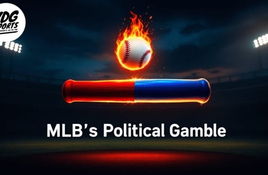 A baseball and a bat are digitally rendered against a dark stadium backdrop. The flaming baseball and the red-and-blue bat highlight the tension as MLB dares to be political. Text at the bottom reads "MLB’s Political Gamble," with the VDG Sports logo in the top left corner.
