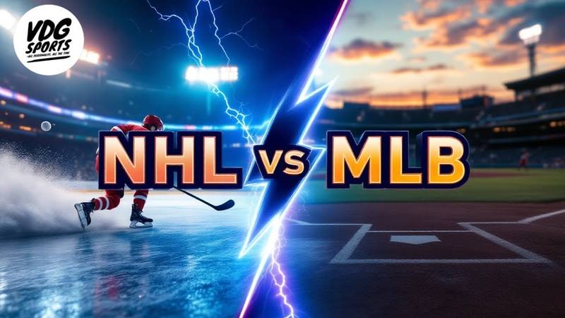 Image split between an ice hockey rink and a baseball field. On the left, a hockey player skates with a stick, while on the right, a baseball stadium is shown. "NHL vs MLB" is prominently displayed in the center with a lightning bolt.