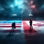 A hockey rink is divided, the U.S. flag on the left and Canadian on the right. At center ice stand two figures; one grips a helmet, embodying intense competition balance. Moody blue and red lights set the scene as logos for VDG Sports, CDC, and NHL crisis pulse throughout the image.