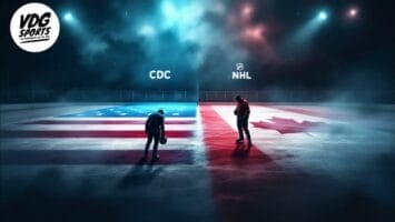 A hockey rink is divided, the U.S. flag on the left and Canadian on the right. At center ice stand two figures; one grips a helmet, embodying intense competition balance. Moody blue and red lights set the scene as logos for VDG Sports, CDC, and NHL crisis pulse throughout the image.