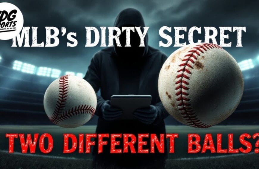 A hooded figure is holding a tablet in a dimly lit baseball stadium. Two large baseballs are prominently displayed. Text reads: "MLB's Dirty Secret" and "Two Different Balls?!" The VDG Sports logo is in the top left corner.