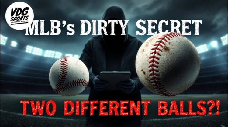 A hooded figure is holding a tablet in a dimly lit baseball stadium. Two large baseballs are prominently displayed. Text reads: "MLB's Dirty Secret" and "Two Different Balls?!" The VDG Sports logo is in the top left corner.