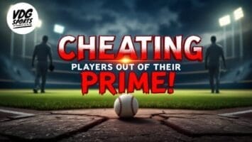 A dramatic baseball stadium scene at night with spotlights. Large bold red and white text reads “CHEATING PLAYERS OUT OF THEIR PRIME!” Three shadowy MLB players stand in the outfield. A close-up baseball rests on the dirt foreground. VDG Sports logo is in the top left.