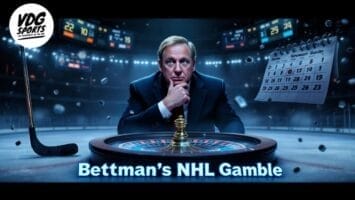 A serious man in a suit sits at a roulette table, surrounded by hockey equipment and a floating calendar. The background shows a stadium scoreboard, celebrating that NHL games are back. Text below reads, “Bettman’s NHL Gamble.” VDG Sports logo in the corner.