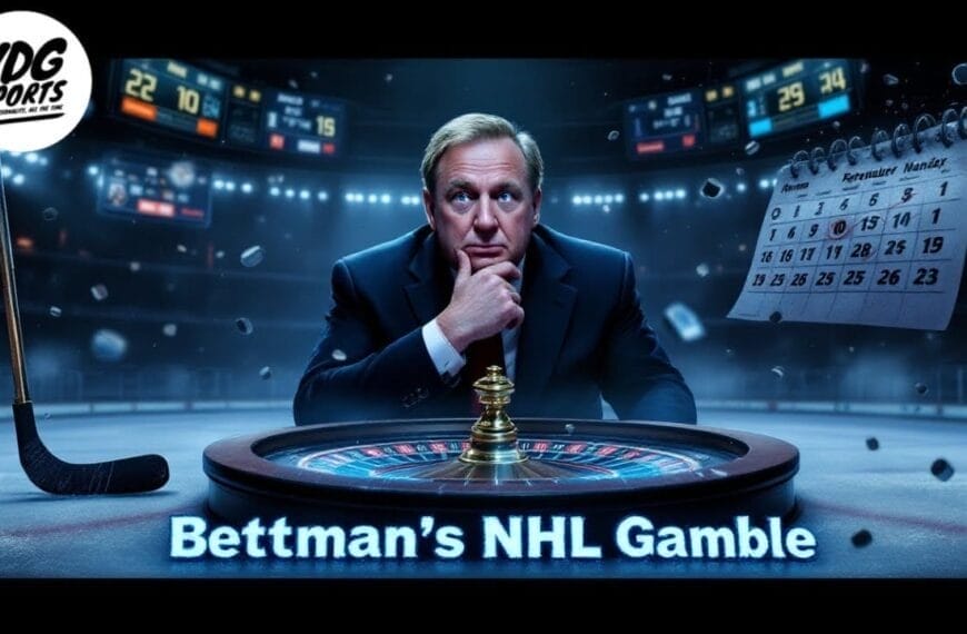 A serious man in a suit sits at a roulette table, surrounded by hockey equipment and a floating calendar. The background shows a stadium scoreboard, celebrating that NHL games are back. Text below reads, “Bettman’s NHL Gamble.” VDG Sports logo in the corner.
