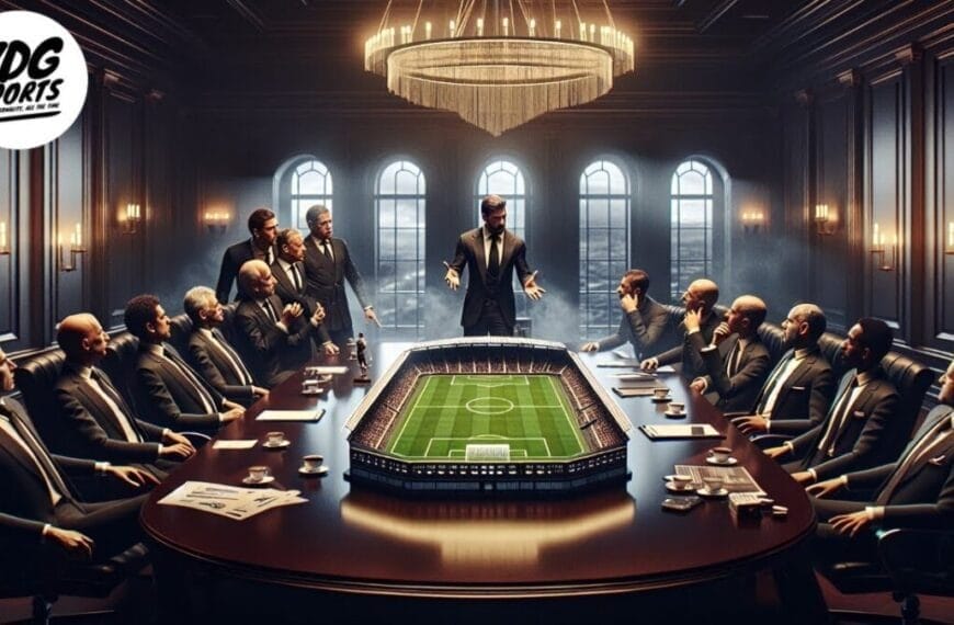 A group of men in suits sit around a large oval table in an elegant, chandelier-lit room. A miniature soccer stadium sits at the center, hinting at big decisions for football clubs. One man stands, gesturing passionately amid discussions of controversial choices.