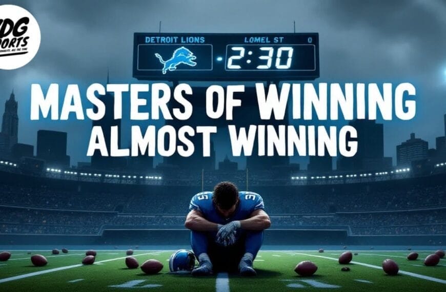 A football player sits alone and dejected at midfield, surrounded by scattered footballs. The scoreboard reads “Detroit Lions 2:30 Lomel St.” Overhead, bold text says “MASTERS OF WINNING ALMOST WINNING.” The stadium and city skyline are visible in the background.