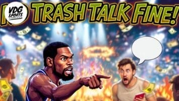 A cartoon of a basketball player angrily pointing and yelling at a shocked man, surrounded by flying money and flames, highlights that this is not the only NBA battle. Bold text reads “TRASH TALK FINE!” The VDG Sports logo appears in the corner.