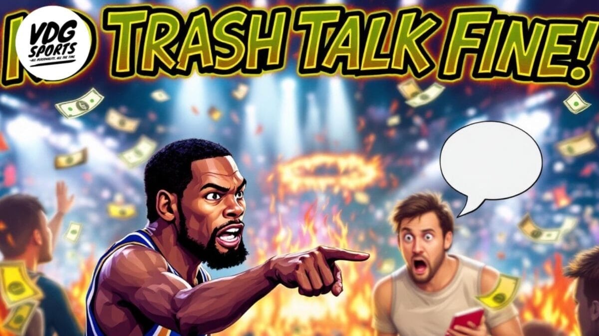 A cartoon of a basketball player angrily pointing and yelling at a shocked man, surrounded by flying money and flames, highlights that this is not the only NBA battle. Bold text reads “TRASH TALK FINE!” The VDG Sports logo appears in the corner.