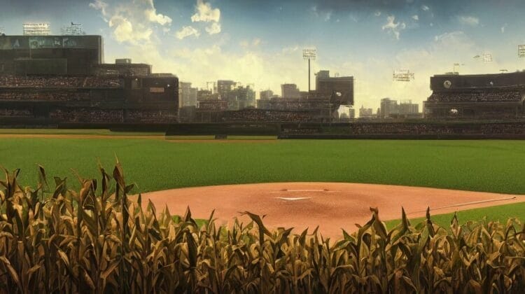 The baseball field, with its empty pitcher's mound, rests quietly beside a whispering cornfield, as if safeguarding MLB's hidden myth. In the background, the large stadium stands as a silent witness to the legends and myths that have shaped America's favorite pastime.