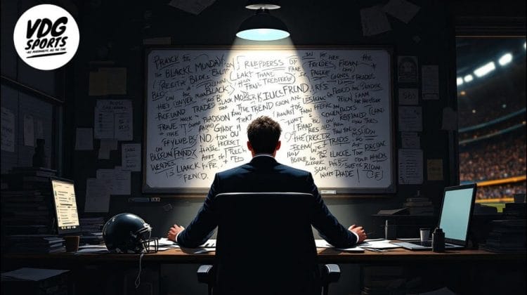 A person sits at a cluttered desk in a dimly lit office, facing a whiteboard filled with scribbled notes under a hanging light. A football helmet is on the desk, and a sports stadium—witness to the chaos of Black Monday—is visible through the window on the right.