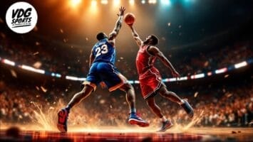 Two basketball players from opposing teams jump to reach the ball amidst a dynamic NBA game setting. One superstar player wears a blue jersey with the number 23, while the other wears red. The background is filled with bright lights and a cheering crowd.