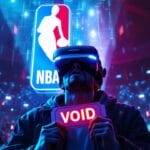 A person wearing a virtual reality headset holds a sign reading "VOID" amidst a backdrop of digital crowds and dollar signs. The NBA logo shines above, hinting at the thrilling world of NBA games. In the corner, the VDG Sports logo completes this futuristic, digital scene.