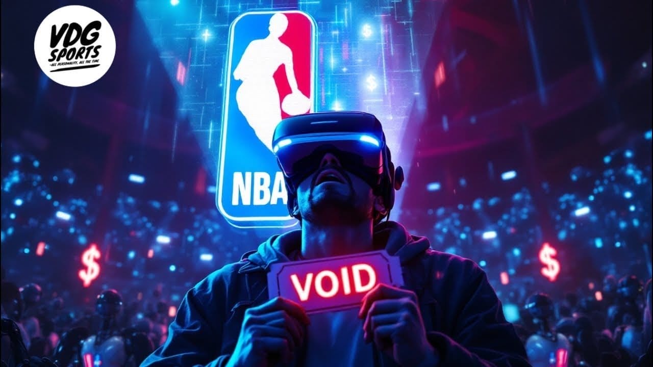 A person wearing a virtual reality headset holds a sign reading "VOID" amidst a backdrop of digital crowds and dollar signs. The NBA logo shines above, hinting at the thrilling world of NBA games. In the corner, the VDG Sports logo completes this futuristic, digital scene.