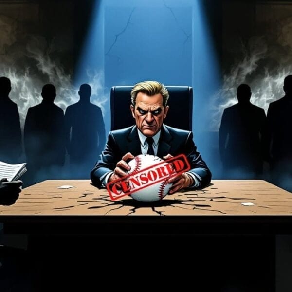 A cartoon-style illustration of a stern man seated at a desk with a cracked surface, grasping a baseball labeled "Censored." Silhouetted figures encircle him, hinting at MLB corruption. A logo in the top left corner reads "VDG Sports.
