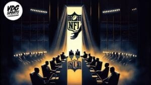 A dramatic illustration depicts a long conference table with silhouetted figures seated on both sides. A large NFL logo is projected at the far end of the room, with a spotlighted hand reaching towards it. Illuminated ceiling lights accentuate the scene.