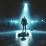 A hockey player stands alone on an ice rink, embodying NHL culture, illuminated by bright overhead lights. Silhouettes of spectators or players linger in the background. The scene is dramatic, with a logo in the top left corner reflecting the essence of the sport.