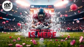 A football player in a red and white uniform charges forward, breaking through a splash of water and petals. Text reads "Spring Football is Here." The VDG Sports logo is in the top left corner, with a stadium and audience in the background.