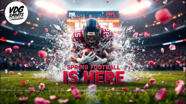 A football player in a red and white uniform charges forward, breaking through a splash of water and petals. Text reads "Spring Football is Here." The VDG Sports logo is in the top left corner, with a stadium and audience in the background.
