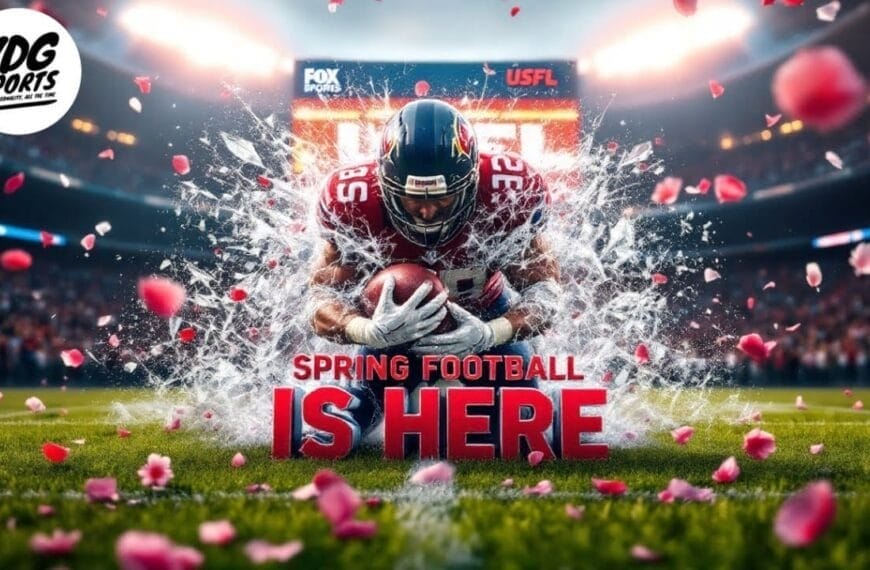 A football player in a red and white uniform charges forward, breaking through a splash of water and petals. Text reads "Spring Football is Here." The VDG Sports logo is in the top left corner, with a stadium and audience in the background.