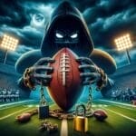 A menacing hooded figure clutches a football under the bright stadium lights and full moon, evoking an intense NFL overtime. Players in vibrant uniforms sit on benches lining the field. Locks and chains rest ominously on the turf, with the VDG Sports logo nestled in one corner.