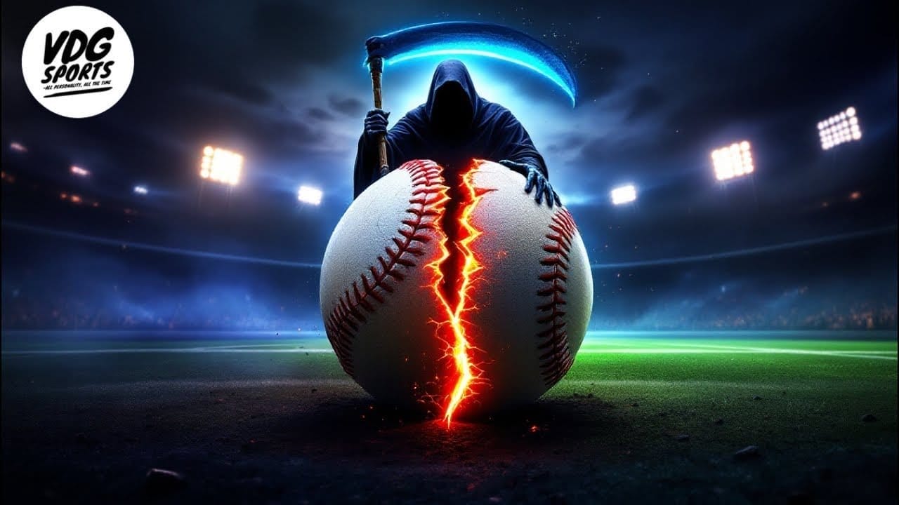A hooded figure with a glowing blue scythe stands atop a large baseball, which is cracked open with fiery light emerging from the crack. The scene is set in a brightly lit stadium at night. "VDG Sports" is visible in the top left corner.