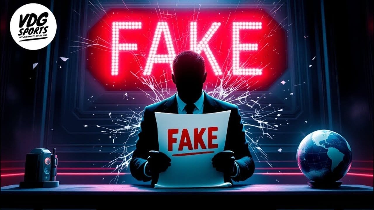 A silhouetted figure holds a paper labeled "FAKE" amid a neon sign echoing the same. The dark backdrop features shattered glass, with a globe perched on a desk to the right. The VDG Sports logo is in the corner, emanating an air meant to end football rumors with dramatic intrigue.