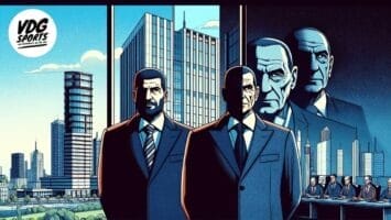 Illustration of four business-suited men with serious expressions standing in front of a cityscape and a conference room with men seated at a table. Reminiscent of FIFA presidents, the scene is framed by a logo reading "VDG Sports" in the top left corner.
