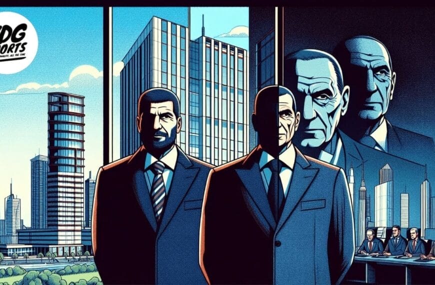 Illustration of four business-suited men with serious expressions standing in front of a cityscape and a conference room with men seated at a table. Reminiscent of FIFA presidents, the scene is framed by a logo reading "VDG Sports" in the top left corner.