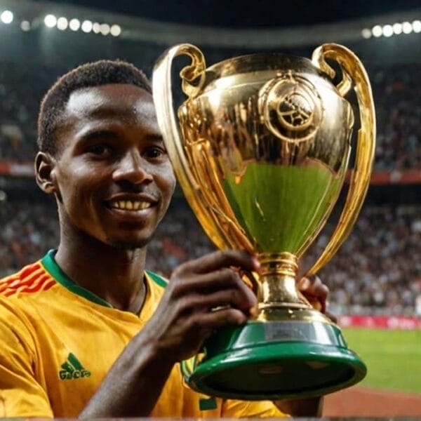 A man in a yellow sports jersey stands in a stadium holding a large golden trophy, celebrating his AFCON victory with the crowd in the background.