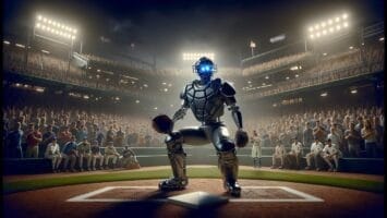 A humanoid robot catcher stands in a baseball field under stadium lights, surrounded by players and a full audience. This latest MLB innovation showcases the future of robot umpires, blending technology with tradition for an exciting new era in baseball.